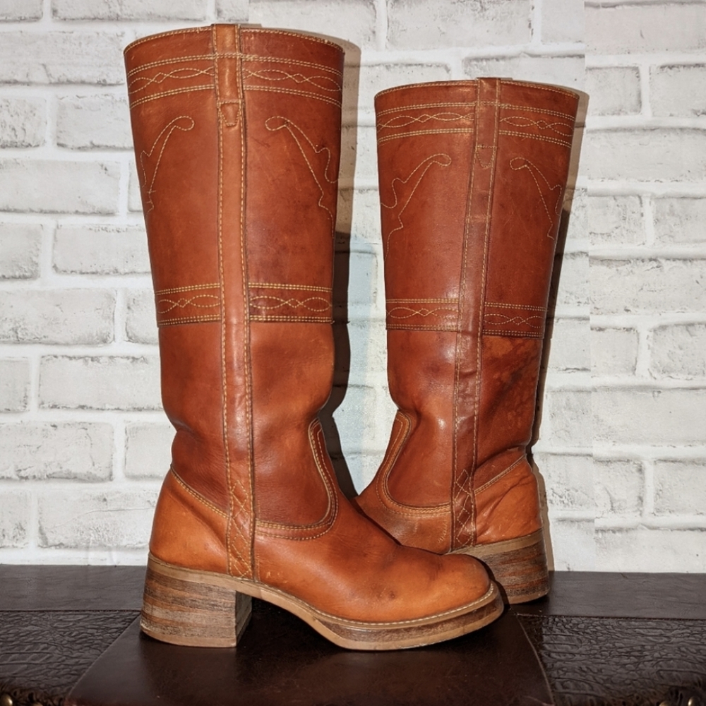 Vintage Campus 14L Light Brown Leather Vintage Distressed Tall Square Toe Boots